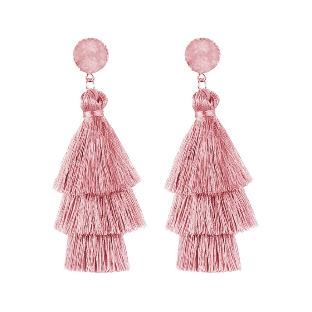Gorgeous Three-Tier Tassel Earrings Baby Pink